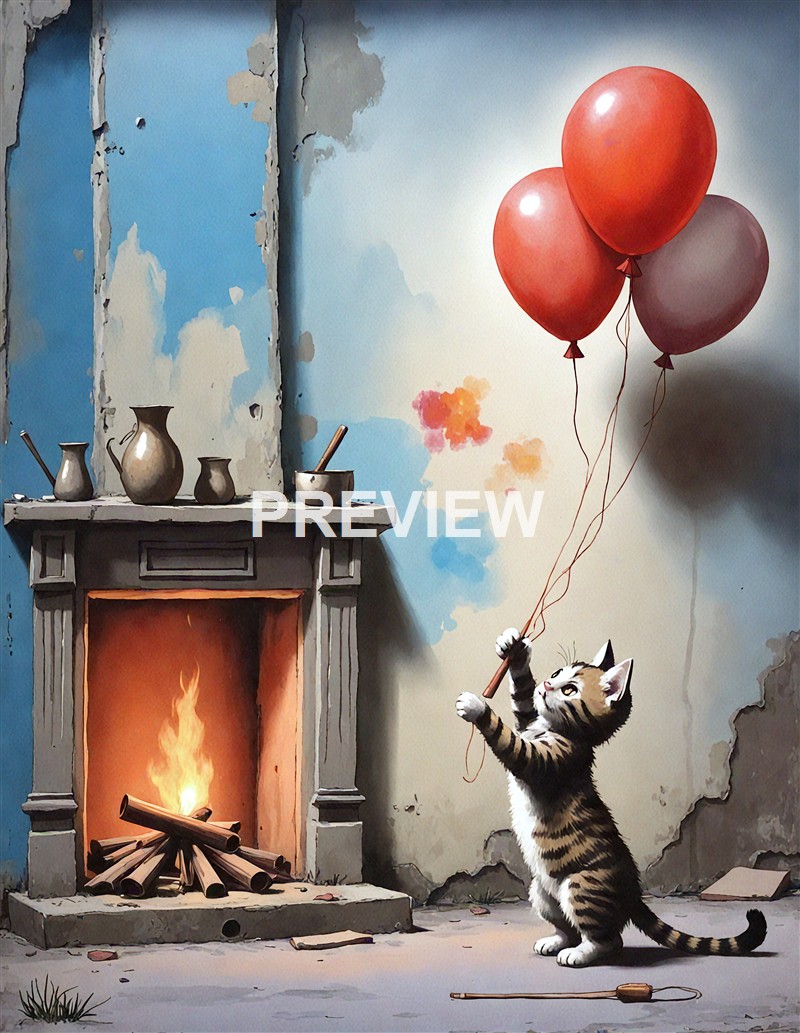 A cute kitten holding three balloons in a cozy, slightly dilapidated room with a fireplace and a weathered wall in the background.